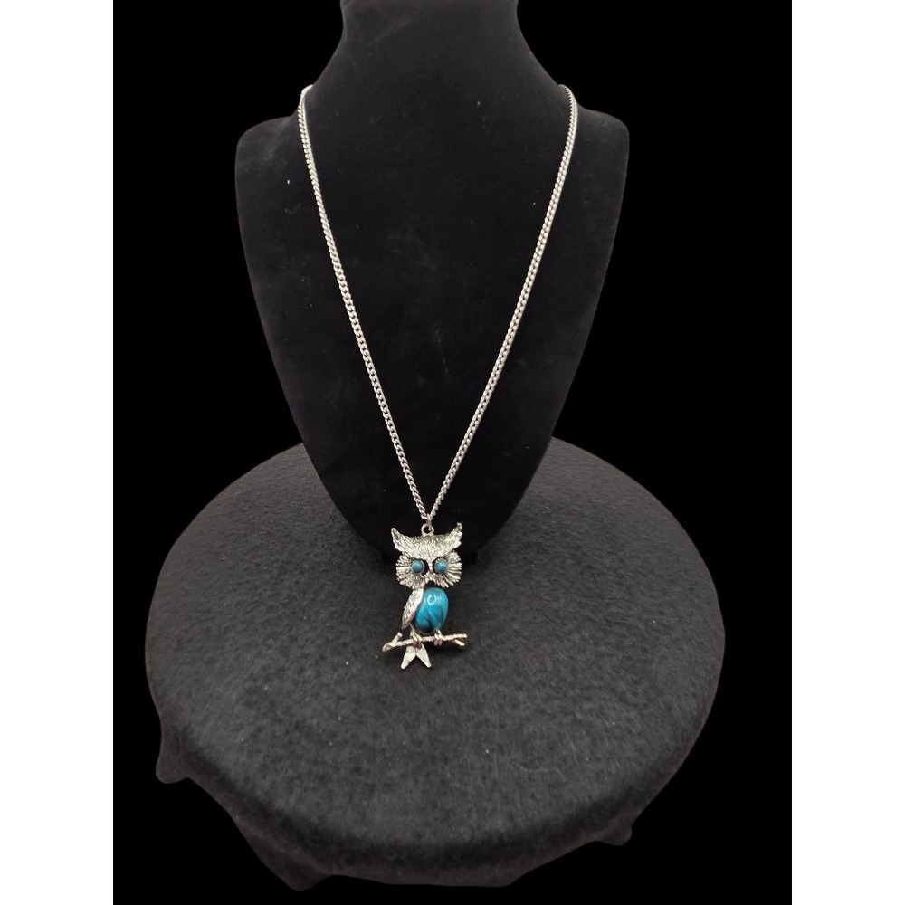 Vintage Faux Turquoise Belly Owl On Branch Blue Eyes Necklace 24"